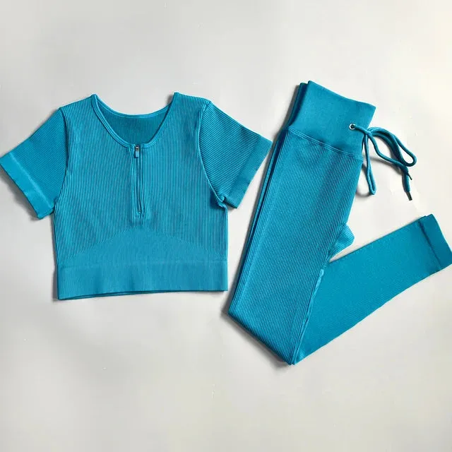 Zipper Seamless Yoga Set for Women - Short Sleeve Crop Top and Drawstring Leggings