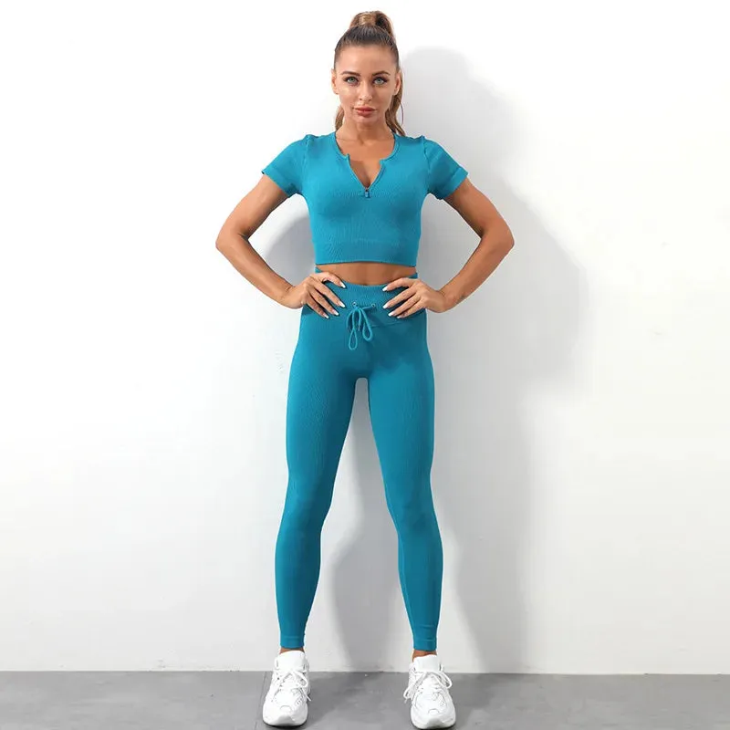 Zipper Seamless Yoga Set for Women - Short Sleeve Crop Top and Drawstring Leggings