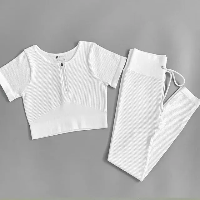 Zipper Seamless Yoga Set for Women - Short Sleeve Crop Top and Drawstring Leggings