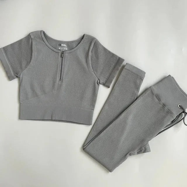 Zipper Seamless Yoga Set for Women - Short Sleeve Crop Top and Drawstring Leggings
