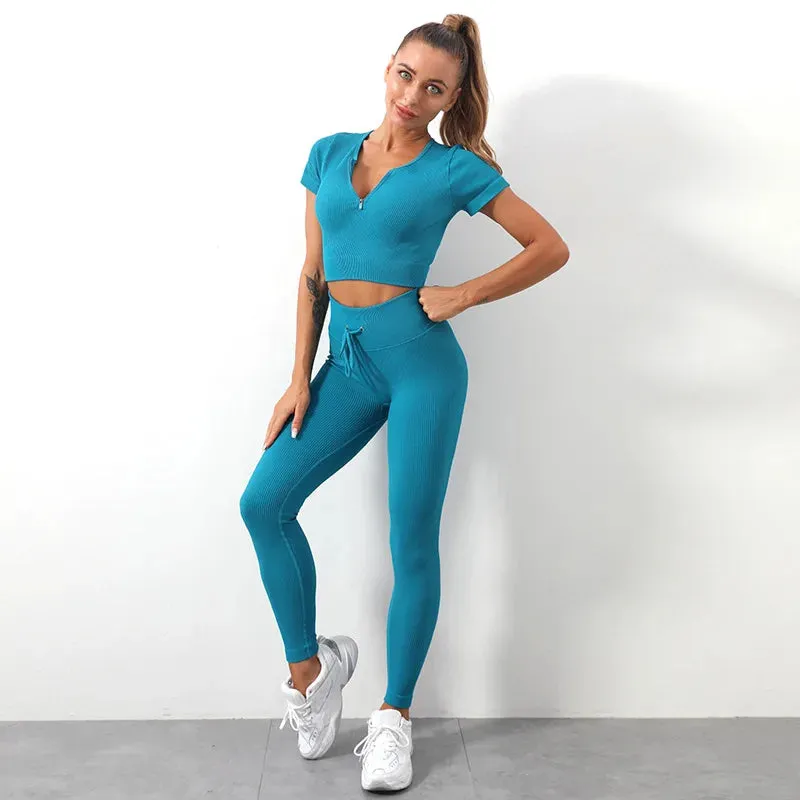 Zipper Seamless Yoga Set for Women - Short Sleeve Crop Top and Drawstring Leggings