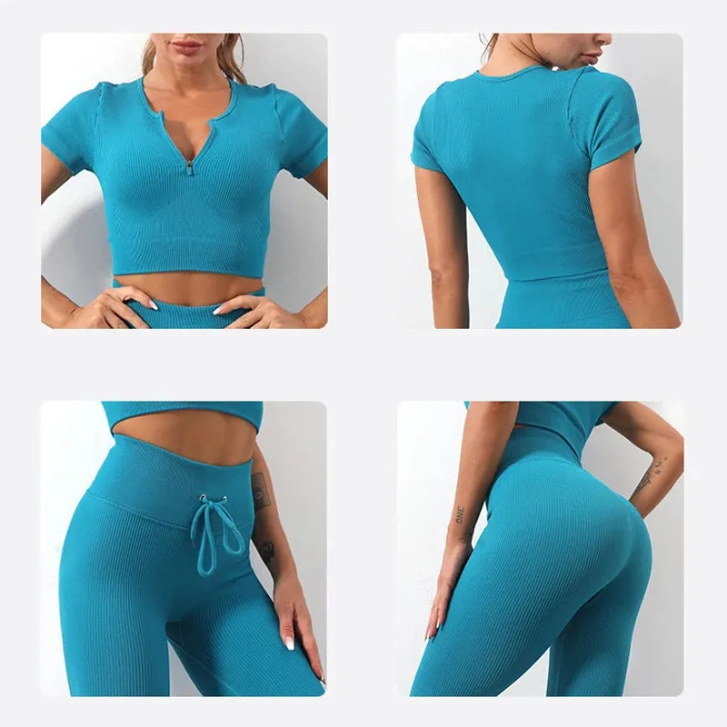 Zipper Seamless Yoga Set for Women - Short Sleeve Crop Top and Drawstring Leggings
