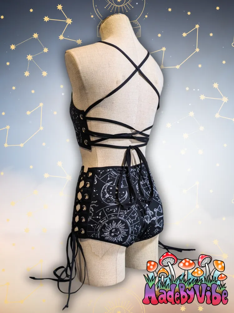 Zodiac Print Lace Up Backless Crop Top - Ready to Ship