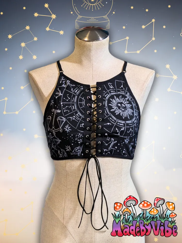 Zodiac Print Lace Up Backless Crop Top - Ready to Ship