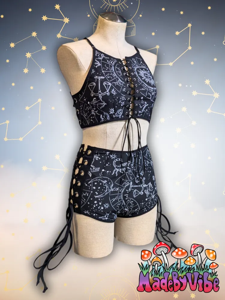 Zodiac Print Lace Up Backless Crop Top - Ready to Ship