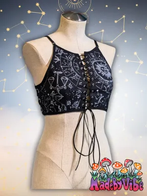 Zodiac Print Lace Up Backless Crop Top - Ready to Ship